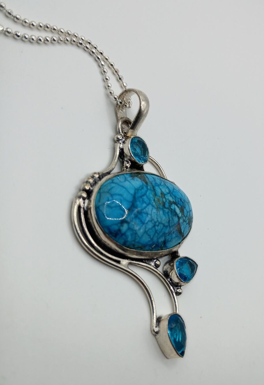 Sterling Silver Turquoise & Aqua Gemstone Statement Pendant Necklace – 18"